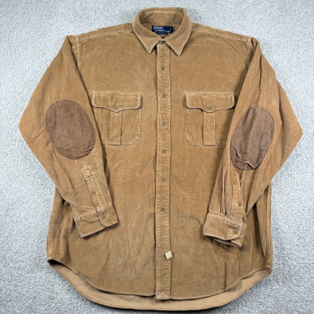 Polo Ralph Lauren Button Down Men L Tan Corduroy Elbow Patch Pocket Shirt